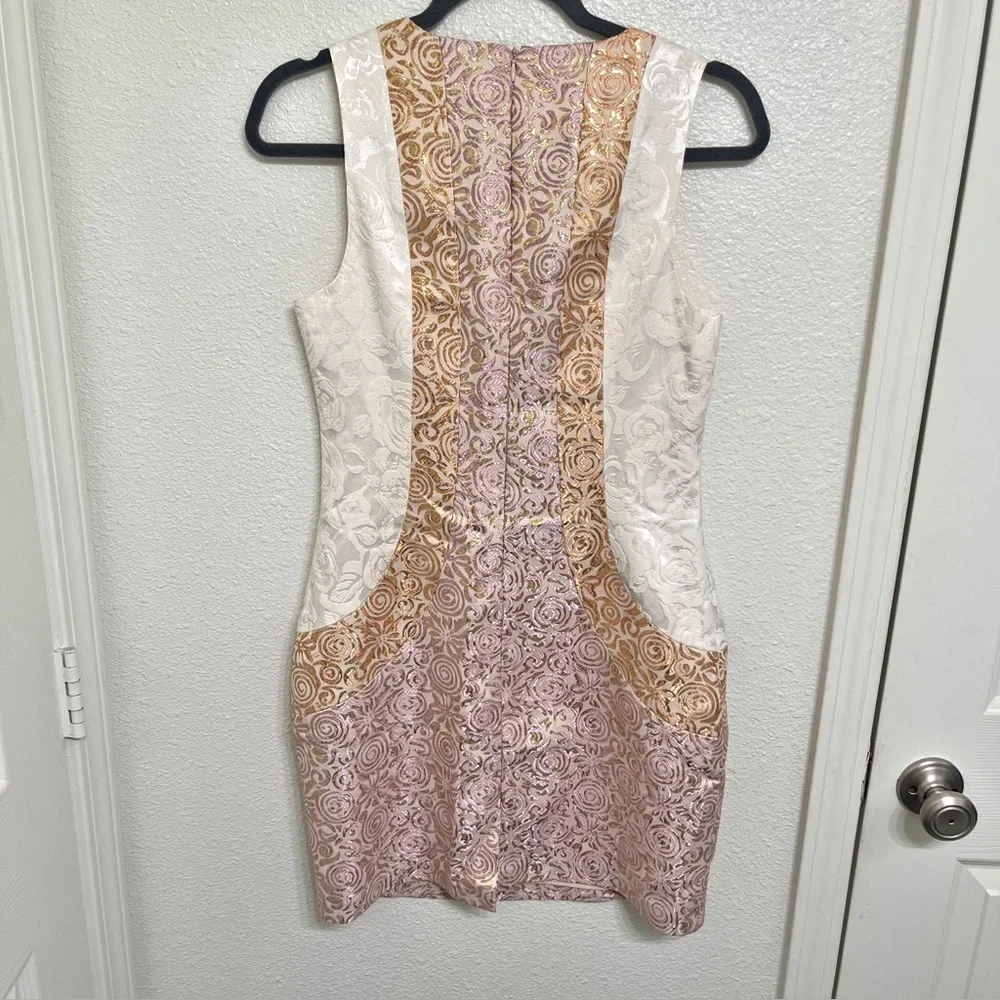 Champagne & Strawberry Metallic Brocade Sheath Dress Gold Purple Pink M
